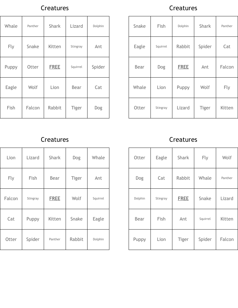 Creatures Bingo Cards
