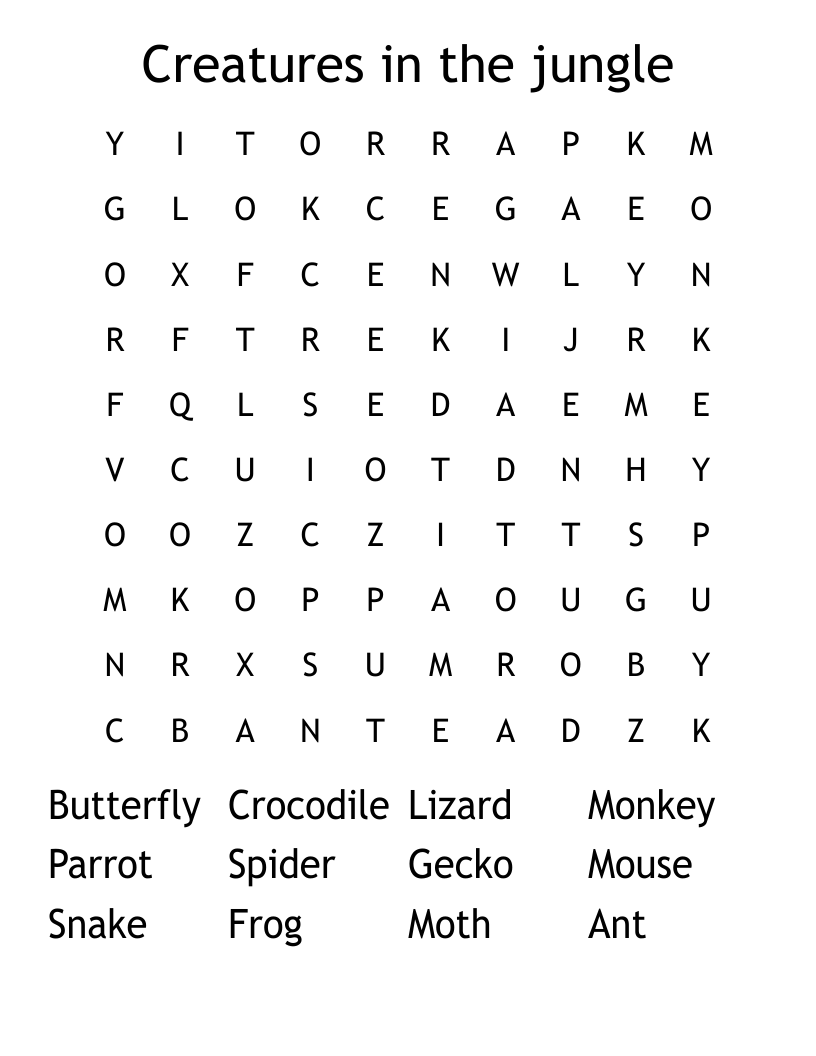 Creatures in the jungle Word Search