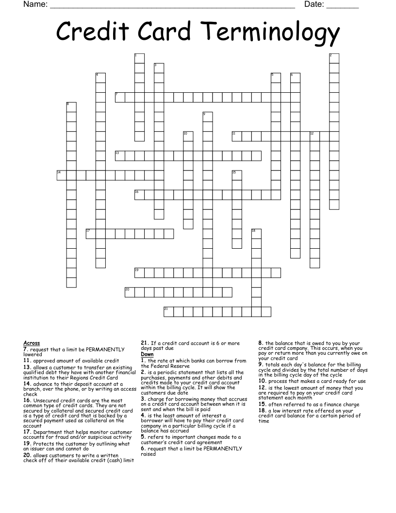 Credit Card Terminology Crossword
