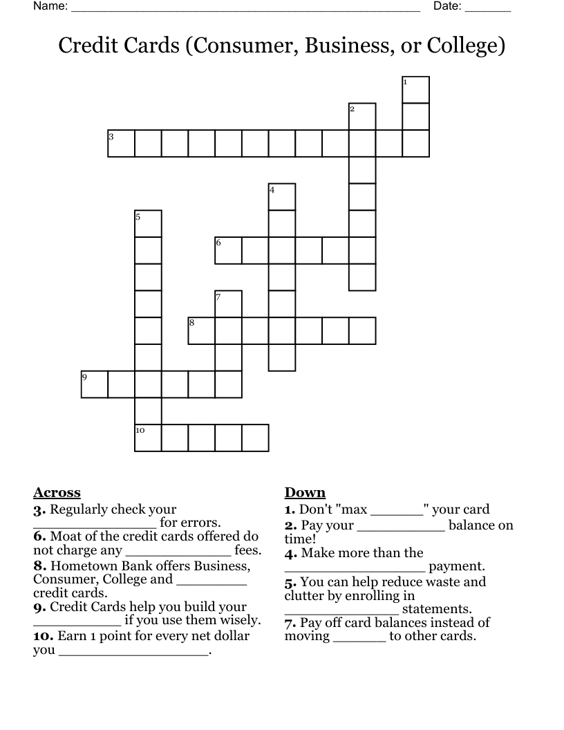 Credit Cards (Consumer, Business, or College) Crossword