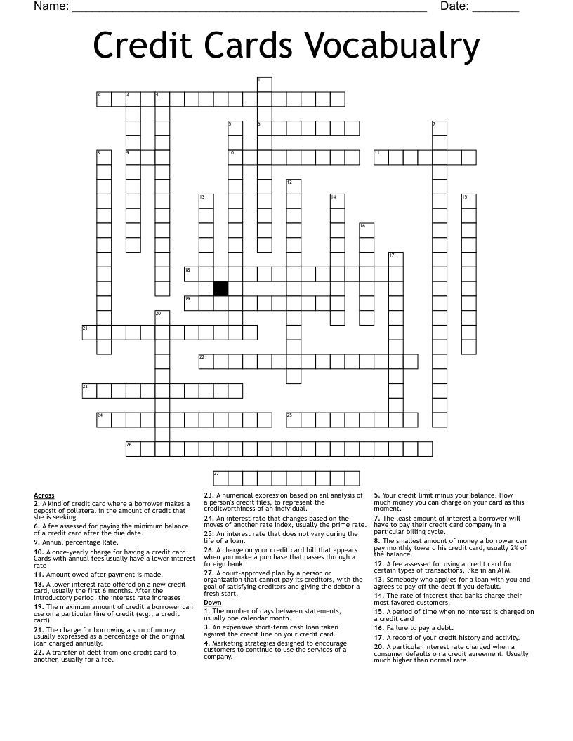 Credit Cards Vocabualry Crossword