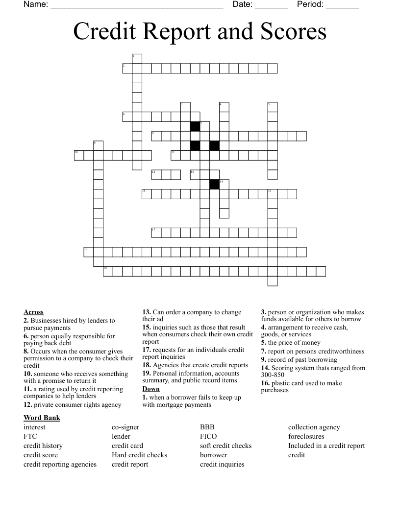Credit Report and Scores Crossword