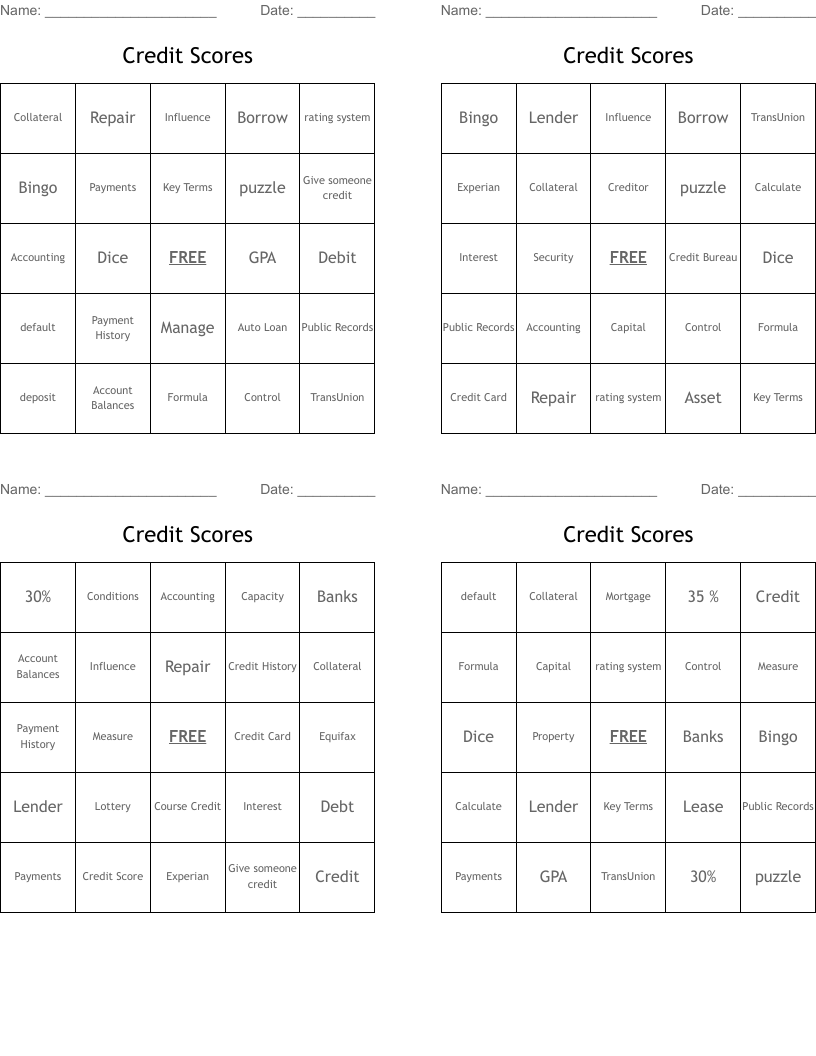 Credit Scores Bingo Cards