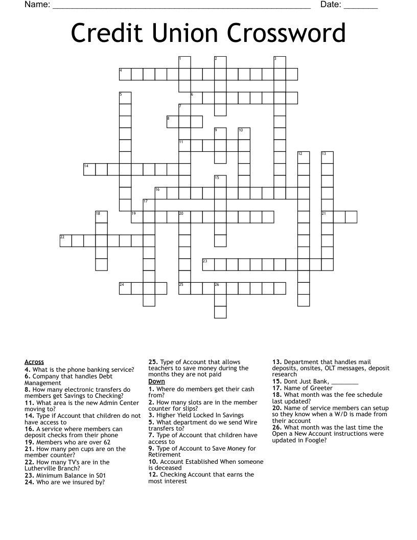 Credit Union Crossword