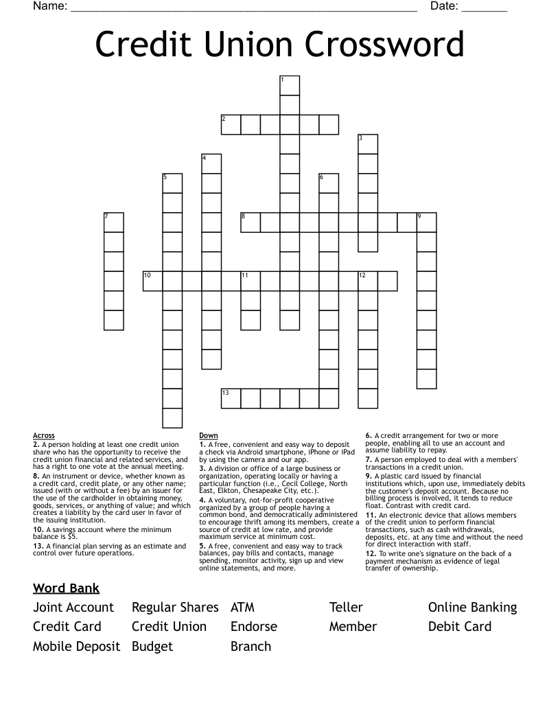 Credit Union Crossword