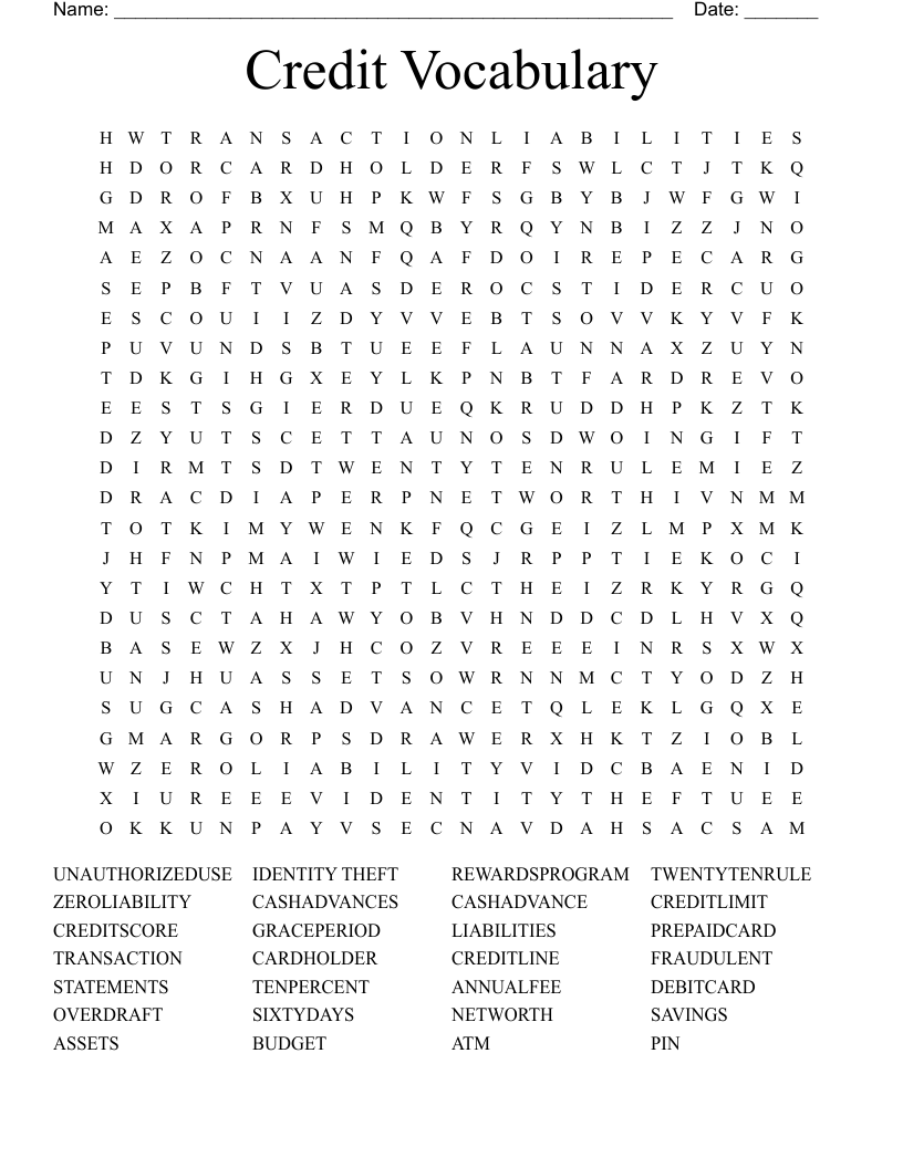Credit Vocabulary Word Search
