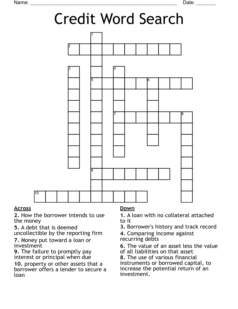 Credit Word Search Crossword
