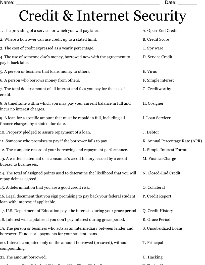 Credit & Internet Security Worksheet