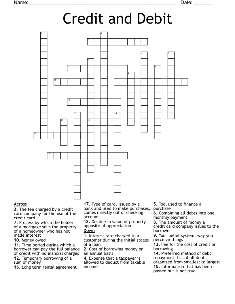 Credit and Debit Crossword