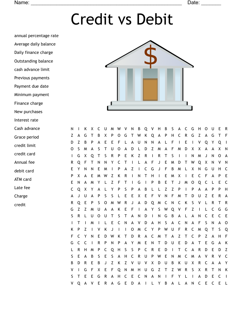 Credit vs Debit Word Search