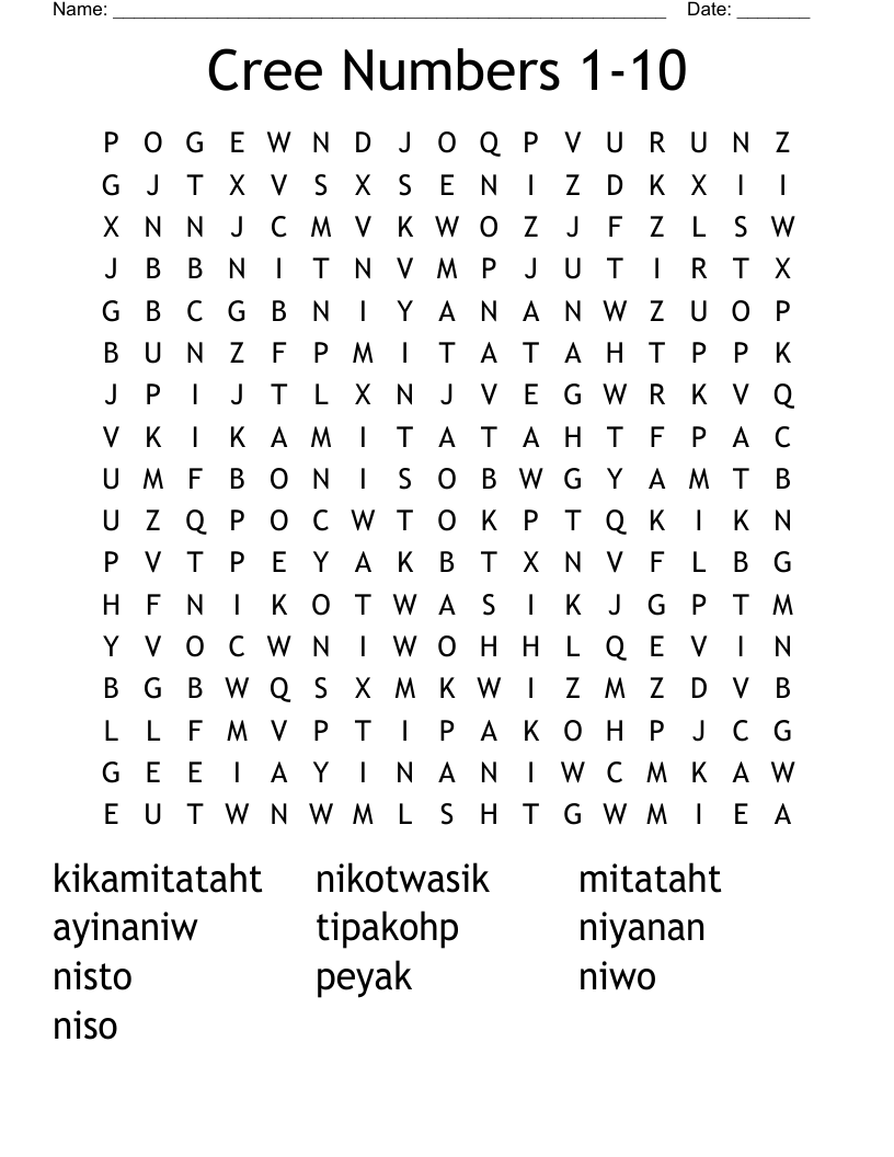 Cree Numbers 1-10 Word Search