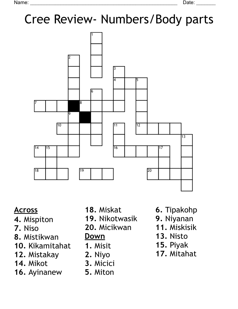 Cree Review- Numbers/Body parts Crossword