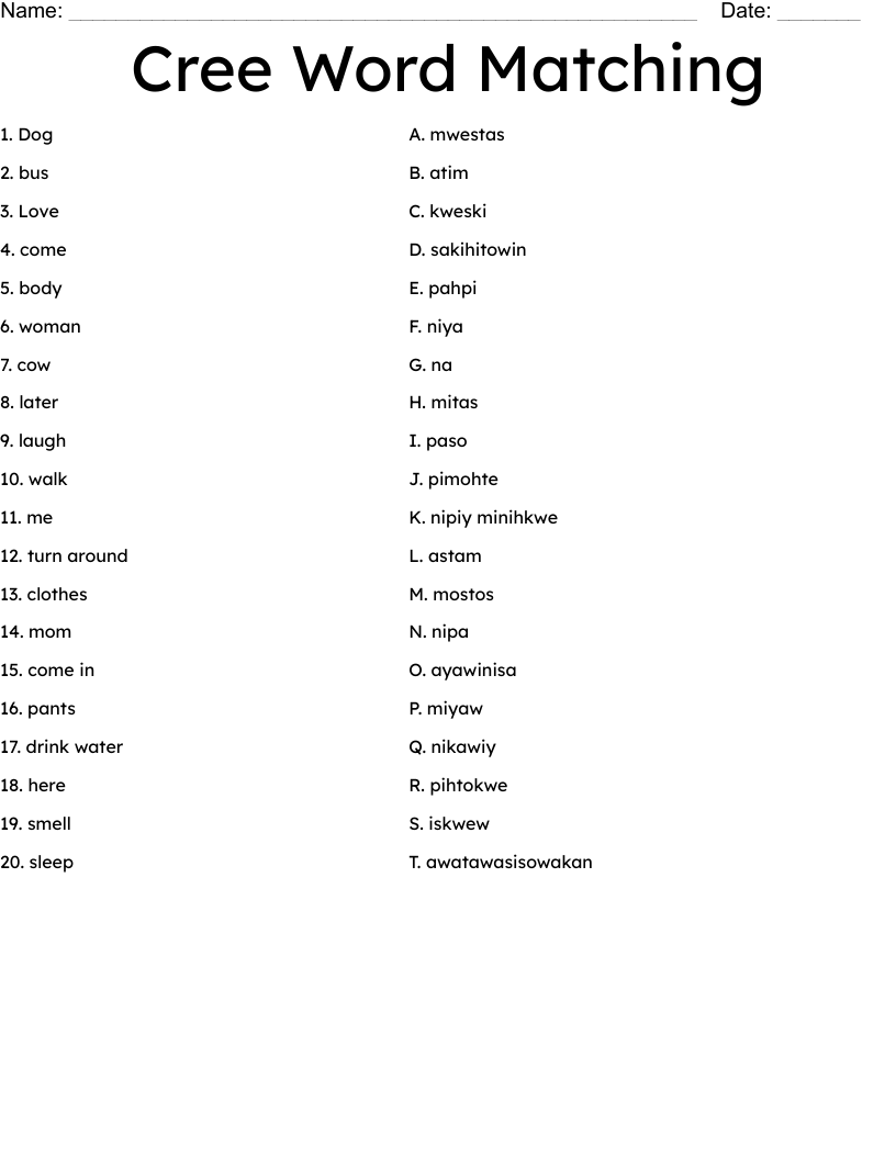 Cree Word Matching Worksheet