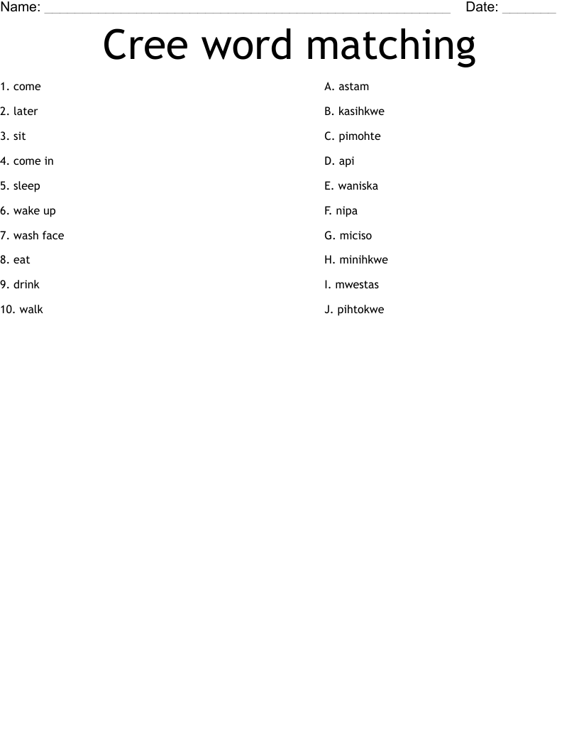 Cree word matching Worksheet