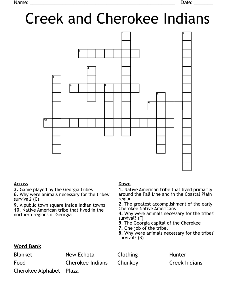 Creek and Cherokee Indians Crossword