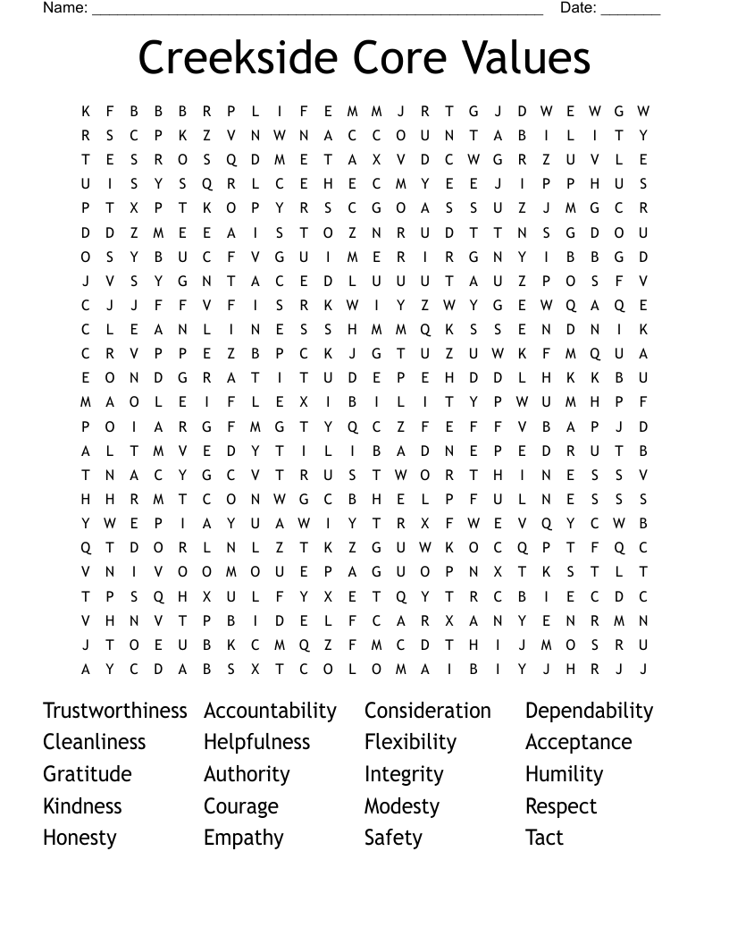 Creekside Core Values Word Search