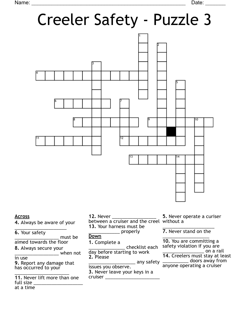 Creeler Safety - Puzzle 3 Crossword