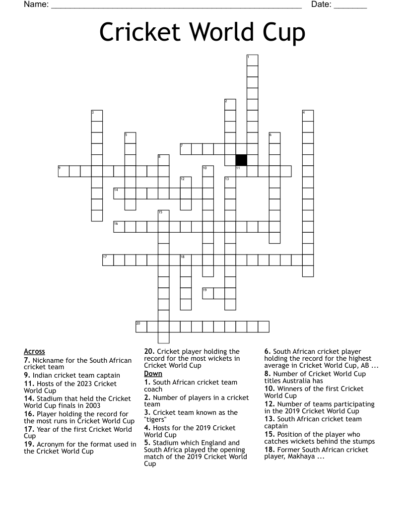 Cricket World Cup Crossword