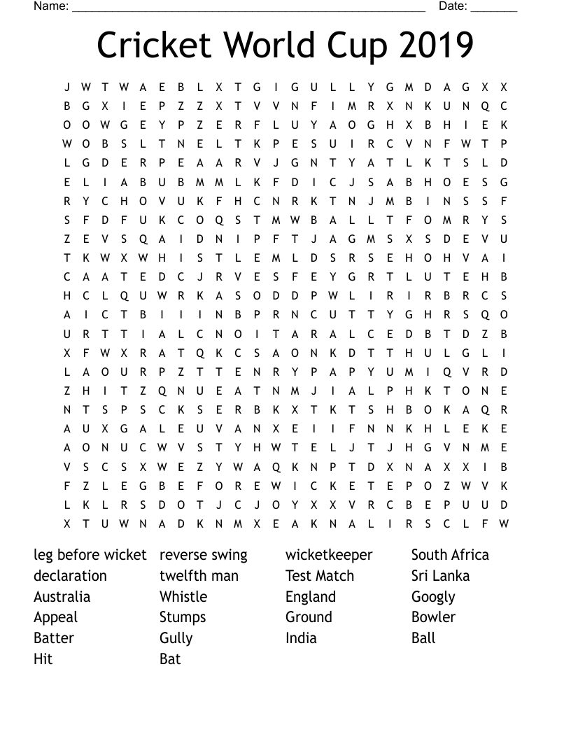 Cricket World Cup 2019 Word Search