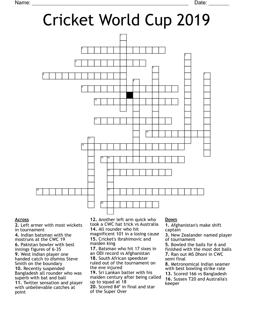 Cricket World Cup 2019 Crossword