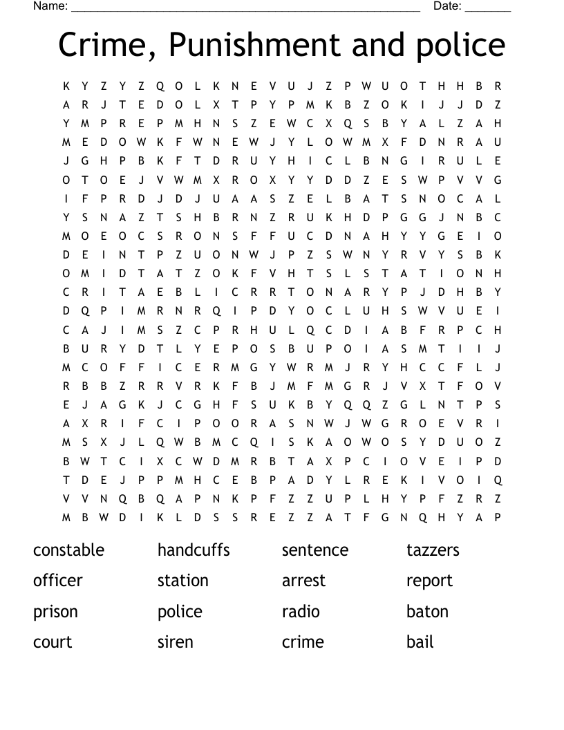 Crime, Punishment and police Word Search