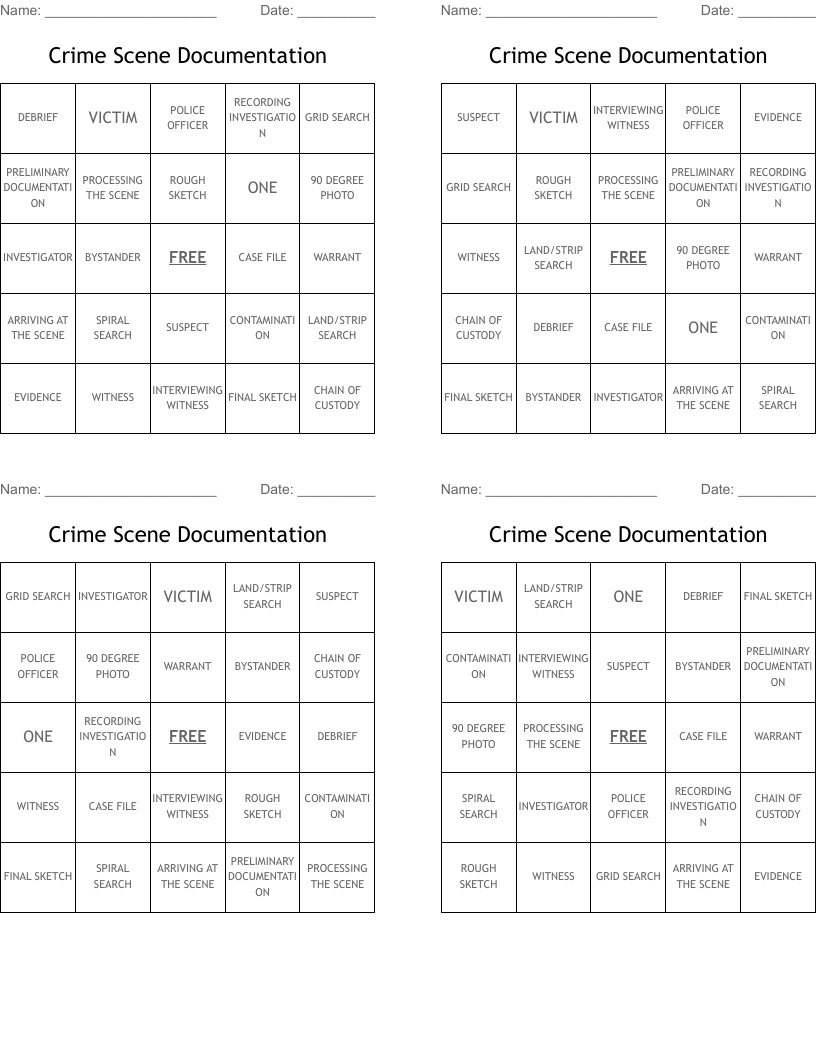 Crime Scene Documentation Bingo Cards