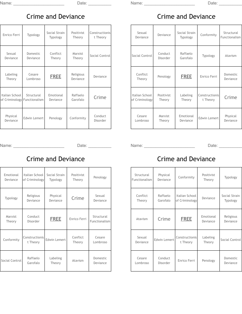 Crime and Deviance Bingo Cards