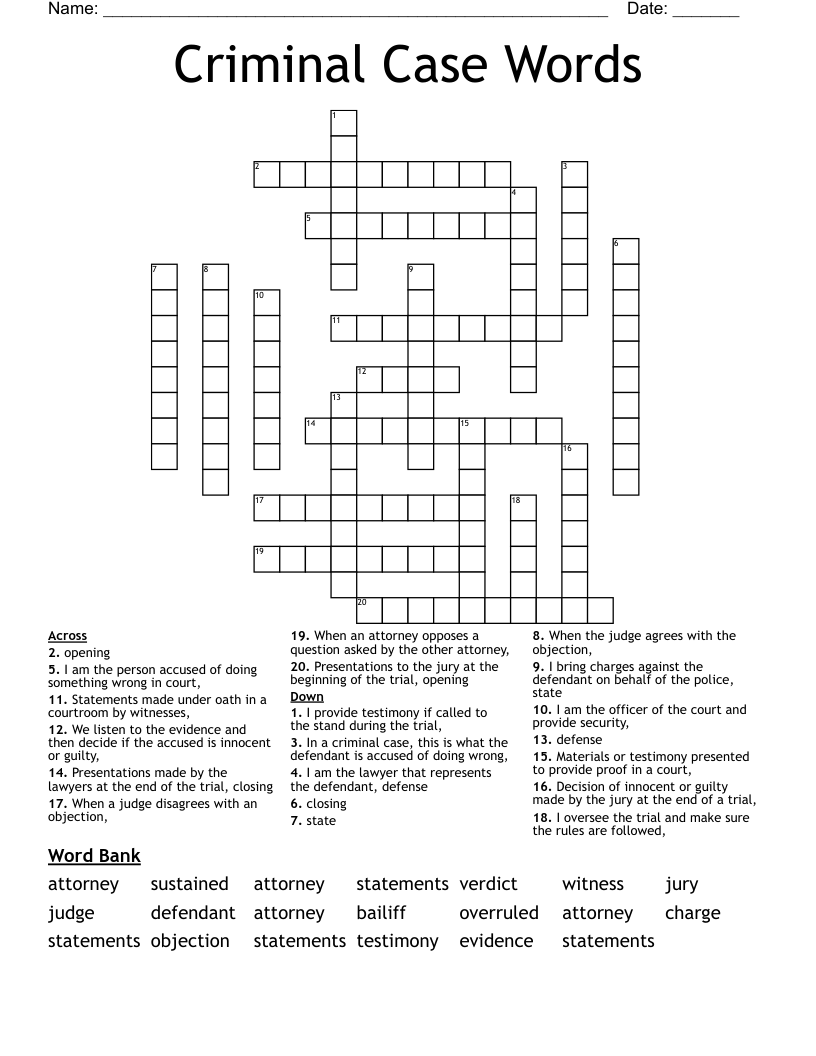 Criminal Case Words Crossword