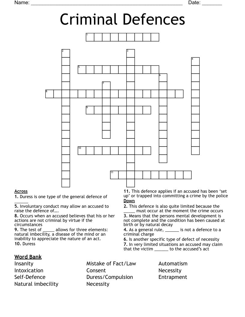 Criminal Defences Crossword