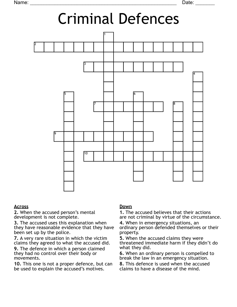 Criminal Defences  Crossword