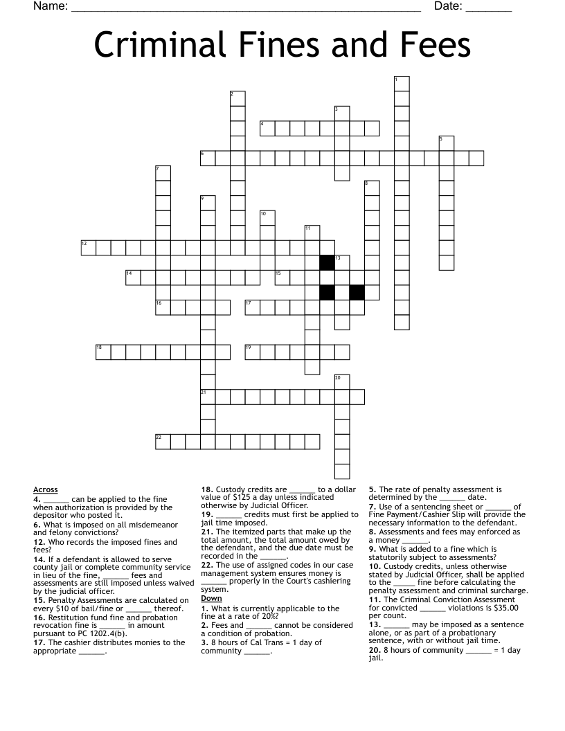 Criminal Fines and Fees Crossword