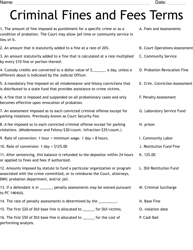 Criminal Fines and Fees Terms Worksheet
