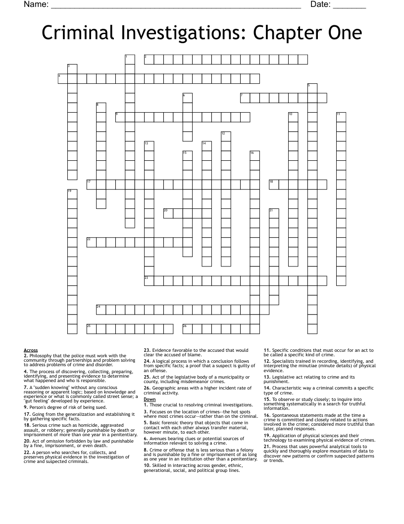 Criminal Investigations: Chapter One Crossword