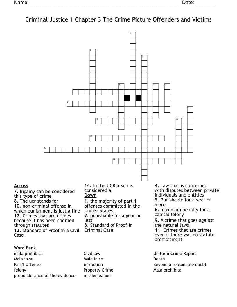 Criminal Justice 1 Chapter 3  The Crime Picture Offenders and Victims Crossword
