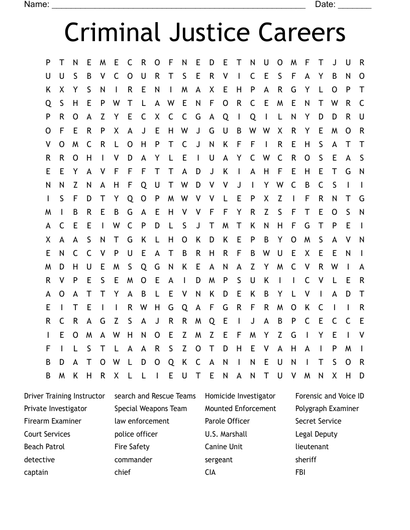 Criminal Justice Careers Word Search
