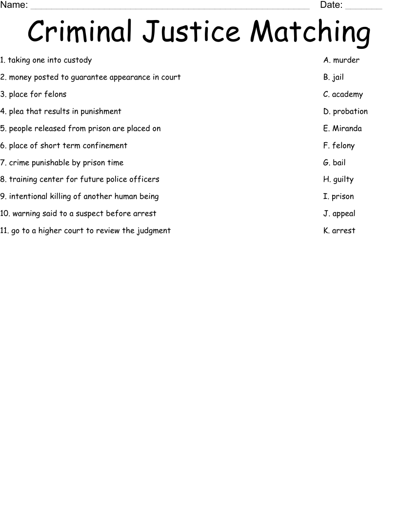 Criminal Justice Matching Worksheet