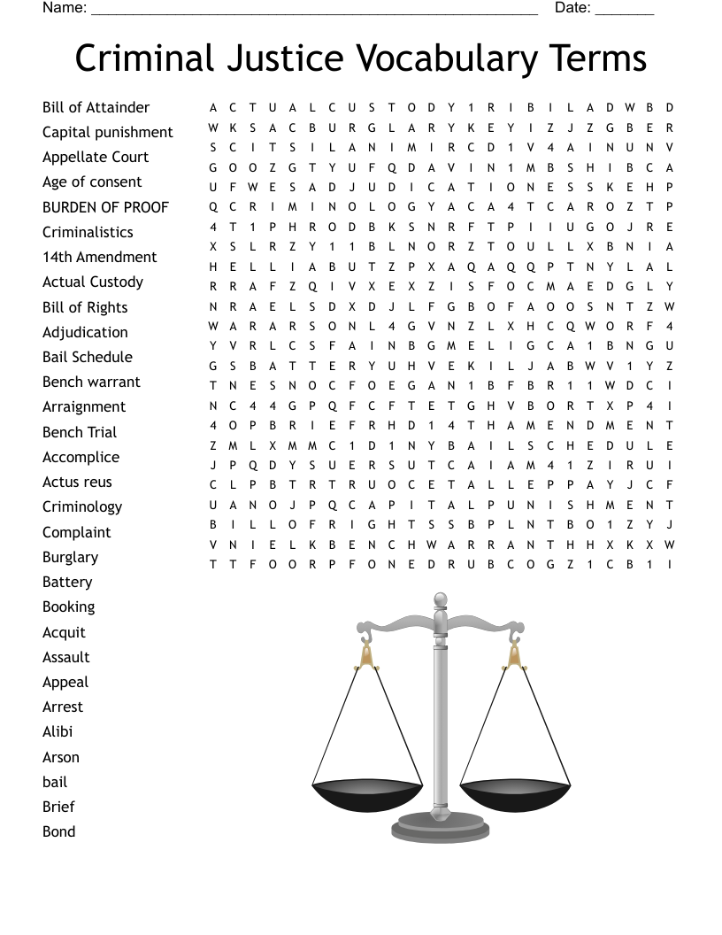 Criminal Justice Vocabulary Terms Word Search