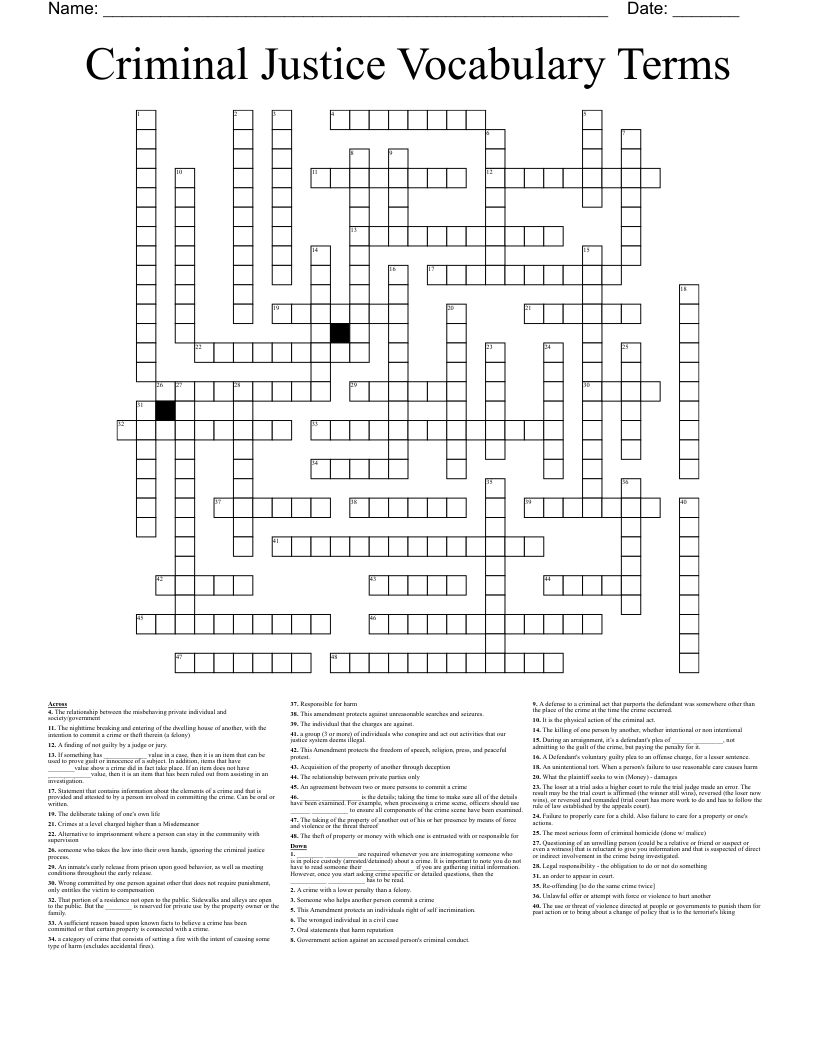 Criminal Justice Vocabulary Terms Crossword