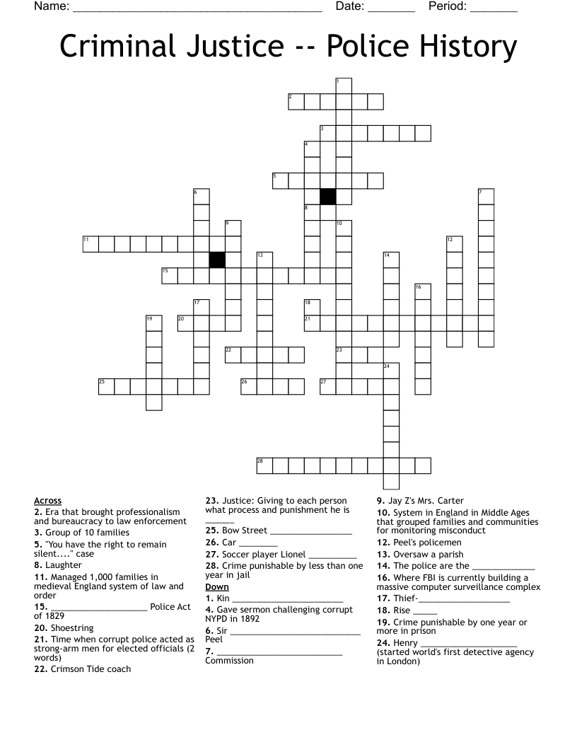 Criminal Justice -- Police History Crossword