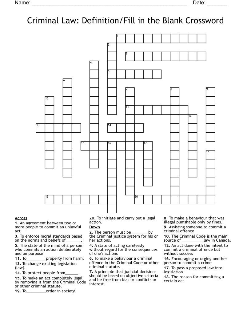 Criminal Law: Definition/Fill in the Blank Crossword 