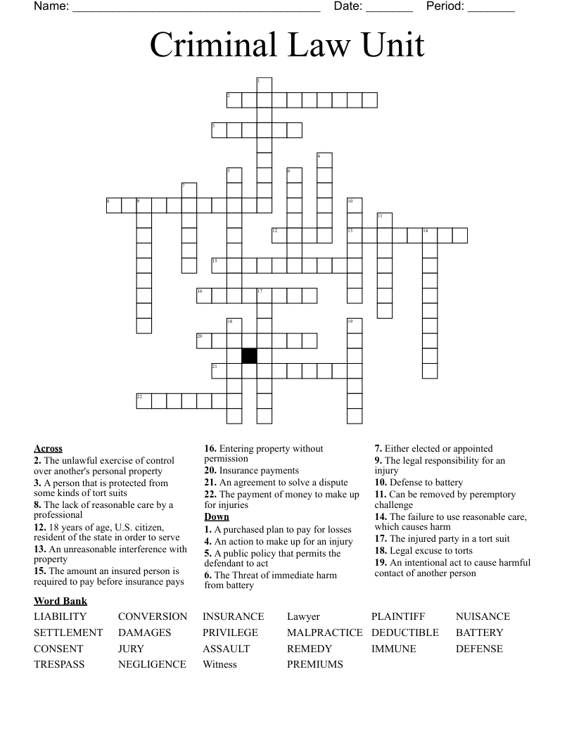 Criminal Law Unit Crossword