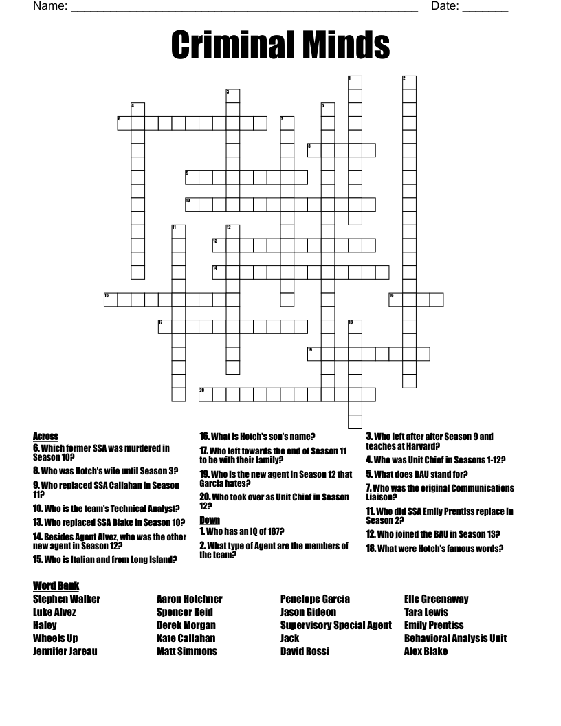 Criminal Minds Crossword