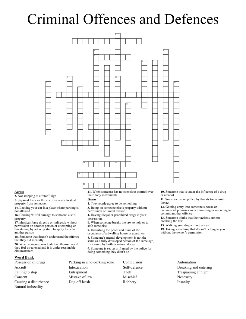 Criminal Offences and Defences  Crossword