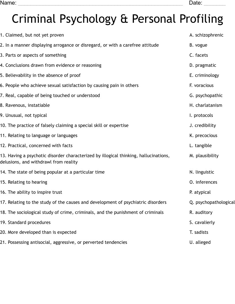 Criminal Psychology & Personal Profiling Worksheet