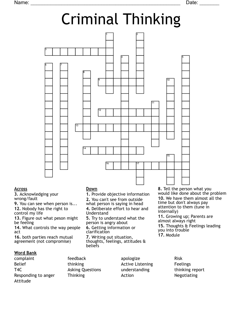 Criminal Thinking Crossword
