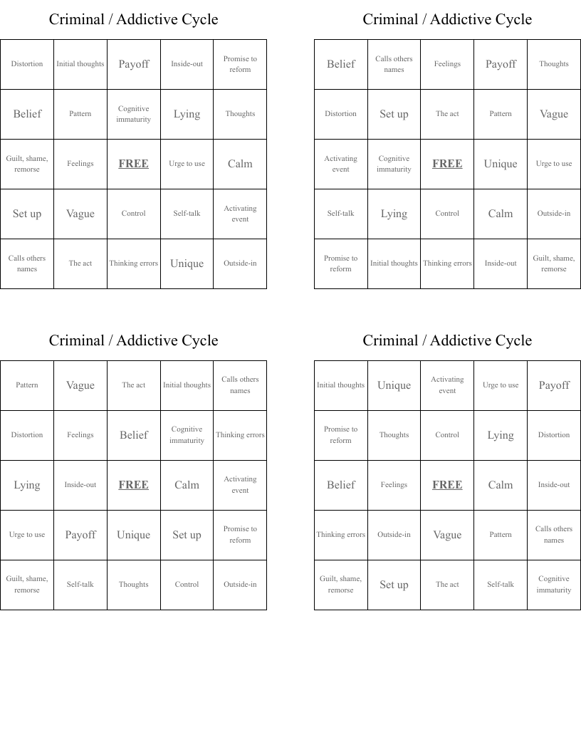 Criminal / Addictive Cycle Bingo Cards