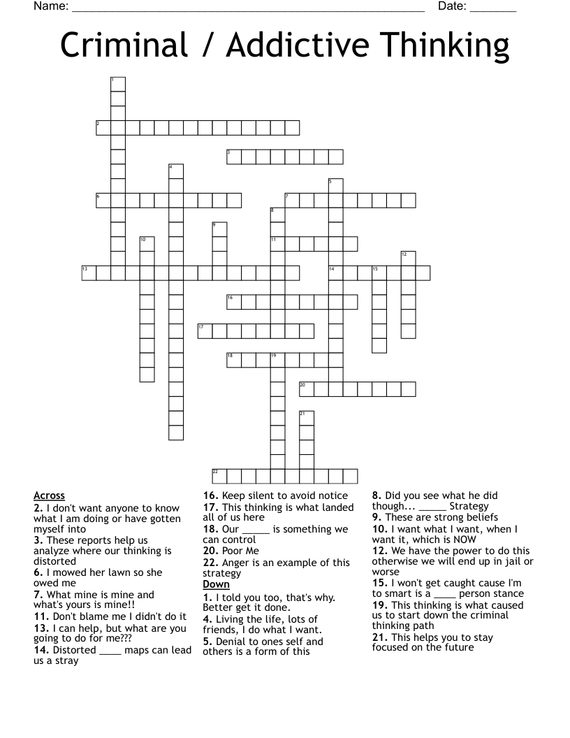 Criminal / Addictive Thinking Crossword