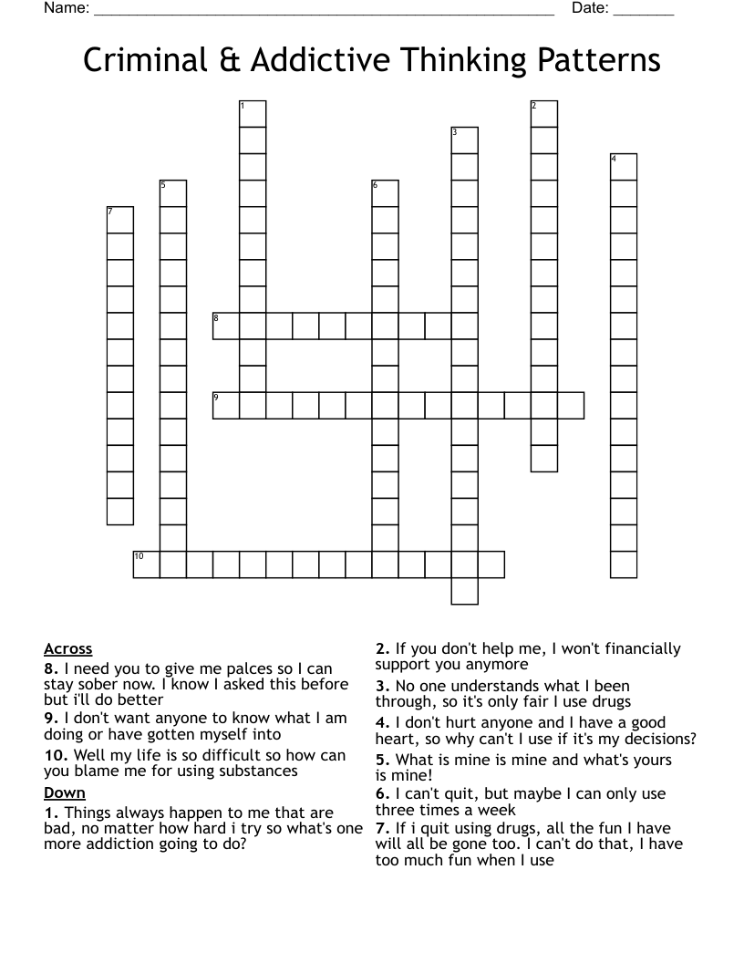 Criminal & Addictive Thinking Patterns  Crossword