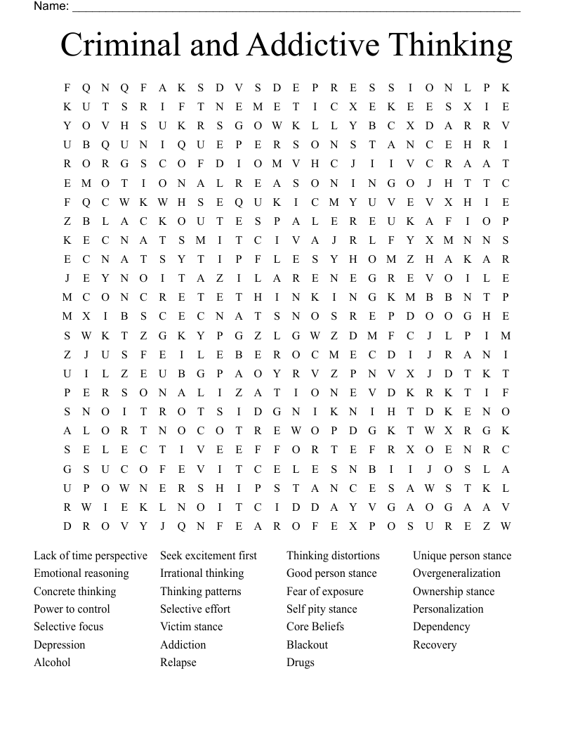 Criminal and Addictive Thinking Word Search