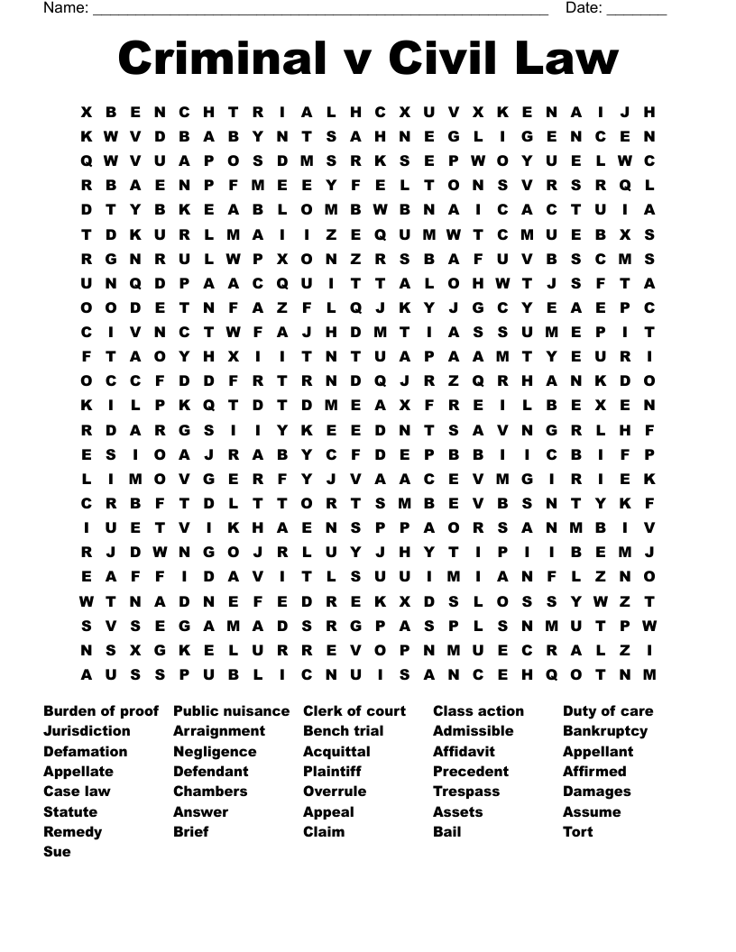 Criminal v Civil Law Word Search